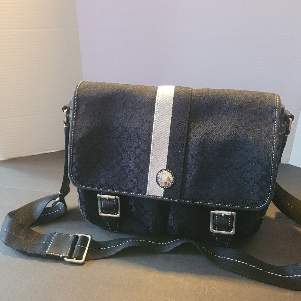 COACH Women’s Messenger Crossbody Bag Black Signature C Monogram Fabric No stain